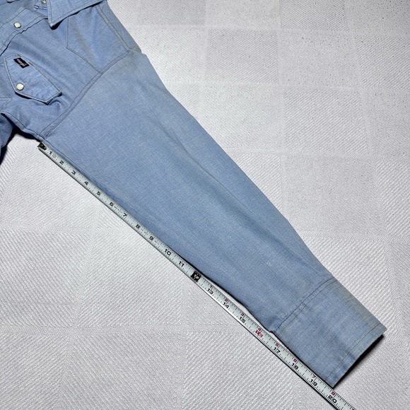 Vintage 80s Wrangler Pearl Snap Shirt Mens 15.5-32 Chambray Western Flap Pocket - Picture 10 of 11